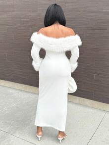 Alexandranx Apricot Off Shoulder Fuzzy Bodycon Long Sleeve Sweater Dress, Thermal Lined Thick Autumn/Winter Dress, Apricot Sexy Off Shoulder Maxi Dress, Date Night Dress, Birthday Dress, Nightclub Party Dress, Suitable For Halloween, Christmas, Date Party, Elegant Printed Dress - Apricot - View 2