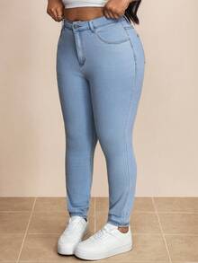 Truni Plus Size Women's Slim Fit Jeans, For Pear Triangle Body Shape - Light Wash - View 6