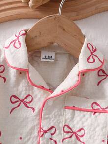 Newborn Baby Pajamas-2 Piece Pajama Set Cream And Pink Bow Print Round Neck Long Sleeve Long Pants Pajama Set Infant Sleepwear Everyday Home Sleep Play Cute Bow Pattern Minimal Soft Look All Season 2026 Holiday Essential Gift Idea Baby Girl Summer Pajama - Multicolor - View 3