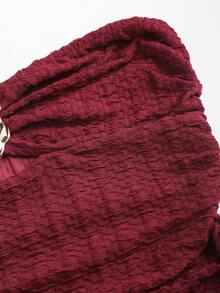 Sweetra Women's Sexy Burgundy Strapless Metal Buckle Ruched Ruffle Hem Mini Dress,Valentines Day Dress, Birthday Dresses For Women ,Red Dresses Bustier Dress