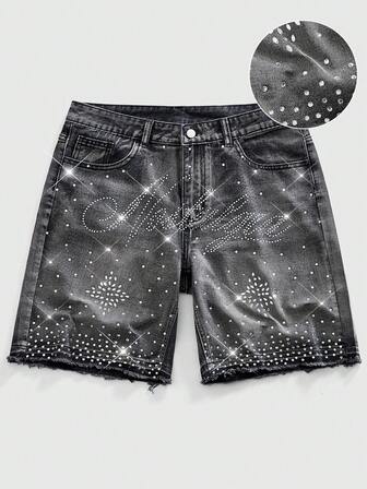 Herren Buchstaben Strass Dekor Tasche Lässige Loose Denim-Shorts