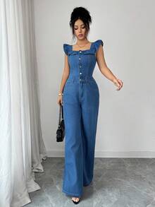 Elenzga 女士荷叶边领拼接牛仔连体裤，半开襟纽扣设计，喇叭袖 - 藍色 - 查看 4