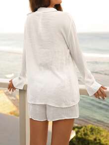 SHEIN Swim Summer Beach Solid Color Turn-Down Collar Front Button Shirt + Shorts Cover Up Set - White - View 2