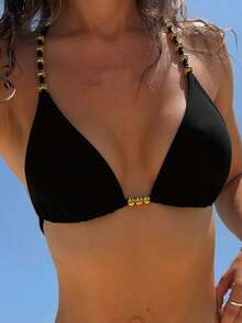 Swim Basics 女士性感露背系带金色珠饰比基尼上衣，夏季新品