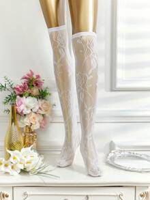 1 par de medias de red para mujer, de moda y versátiles para uso diario - Blanco - Ver 6