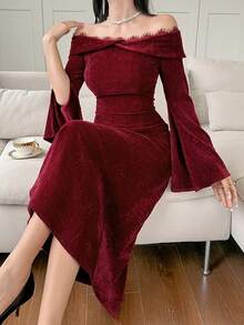 DAZY Women's Off-Shoulder Lace Patchwork Velvet Dress, Elegant And Fitted - Burgundy - View 7