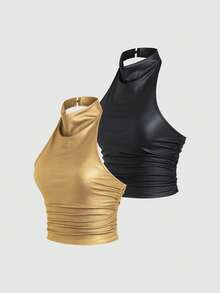 SHEIN Sweetro Bộ đồ 2 món thời trang nữ gợi cảm, kiểu cổ yếm, chất liệu da PU, thích hợp dự tiệc. - Nhiều màu - Xem 6
