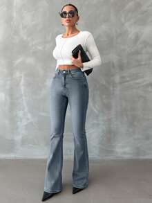 EURMUSE 98%Cotton Zip Front Skinny Flare Jeans PETITE - Dusty Blue - View 6