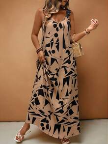 Linhara CURVE Đầm kiểu Pháp màu trơn viền ren dành cho nữ cỡ lớn, thích hợp đi nghỉ mát. - màu nâu - Xem 1