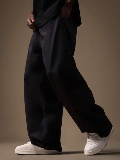 SUMWON 男士宽松版型科技阔腿裤，带拉链工装口袋，休闲街头风日常休闲长裤