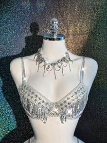 MidnightGlam 一套女士内衣套装，带流苏装饰，金属光泽女士文胸，2条内裤 - 銀色 - 查看 8