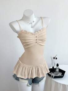 Elamini 女士休闲吊带背心，饰有荷叶边和前褶 - 杏色 - 查看 4