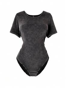 CosyJoli 大码女式连体衣，休闲女装做旧牛仔短袖连体衣，街头休闲女装 - 黑色 - 查看 6