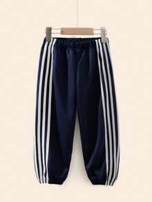 SHEIN Casuvi Kids 女童休闲撞色抽绳腰带松紧裤脚运动裤 - 彩色 - 查看 3