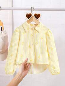 Elladie kids Blusa de manga larga con decoración de lazo a rayas para niñas jóvenes - Amarillo - Ver 2