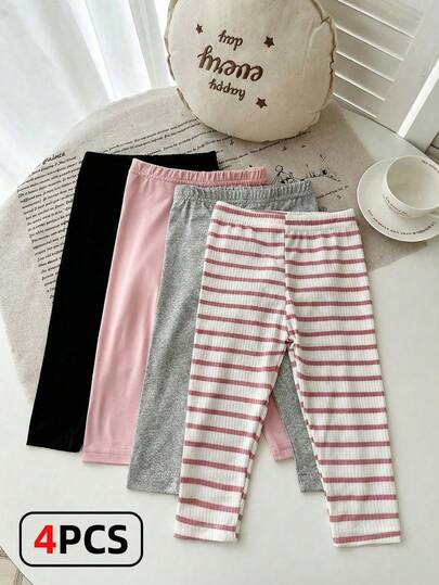 SHEIN Playful Pals 4件套女婴新生儿休闲百搭舒适柔软亲肤粉白条纹打底裤，粉色、灰色和黑色纯色打底裤。高性价比，适合春夏季室内外玩耍。