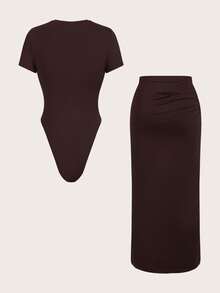 SHEIN Essnce Plsize Women's Casual Two Pieces Set, Knitted Suit, Jumpsuit And Skirt Summer Clothing,Black Formal Dress Women,Bandage Outfits For - Coffee Brown - View 2