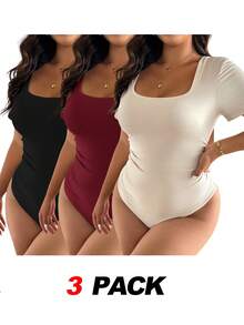 SHEIN Frenchy 3件套加大码女士时尚连体衣，黑色、杏色、咖啡色百搭连体衣，日常百搭 - 彩色 - 查看 1