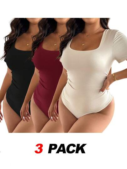 SHEIN Frenchy 3pcs/Set Plus Size Women's Fashionable Bodysuit, Black, Apricot, Coffee All-Match Bodysuit, Versatile For Daily Wear
