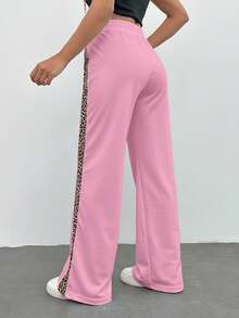 Leopard Trim Belly Detailed Long Wide Leg Black Pants - Baby Pink - View 2