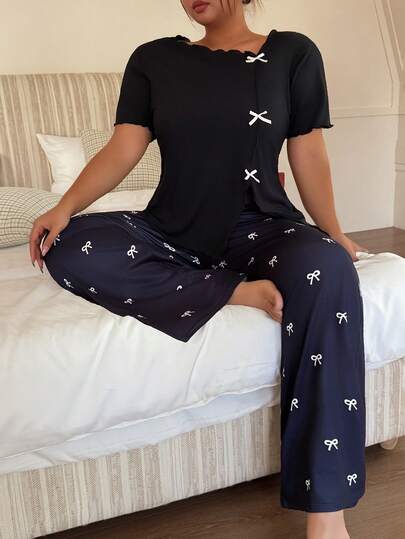 Dream Adore Plus Size Women Sleepwear Set With Bow Decor And Asymmetrical Hem Shorts