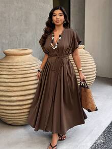 SHEIN LUNE Plus Size Women's Deep V-Neck Pleated Waist A-Line Casual Long Dress, Spring/Summer - Brown - View 4