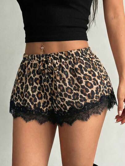 SHEIN SXY Women's Leopard Print Lace Patchwork Elastic Waist Casual Shorts