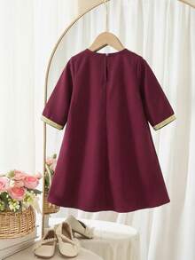 SHEIN 女婴优雅可爱红色复古金色丝带装饰长袖宽松连衣裙 - 彩色 - 查看 8