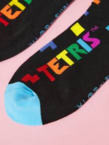 Tetris™ X SHEIN Soft & Breathable Moisture-Wicking Casual Mid-Calf Socks Fashionable Cute Cartoon Black Crew Socks Reinforced Toe & Heel For Durability Unisex For Men & Women All Season All-Match Summer Winter,Graphics Socks - Multicolor - View 3