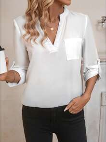 EMERY ROSE Women's V-Neck Plain Textured Fabric Casual Summer Shirt White V Neck Blouse Women  Blouses For Women Linen Blouses For Women Women White Blouse  Tops For Women FALL Women Clothes Business Casual Woman  Button Up Shirt Women Button Up Shirt - White - View 5