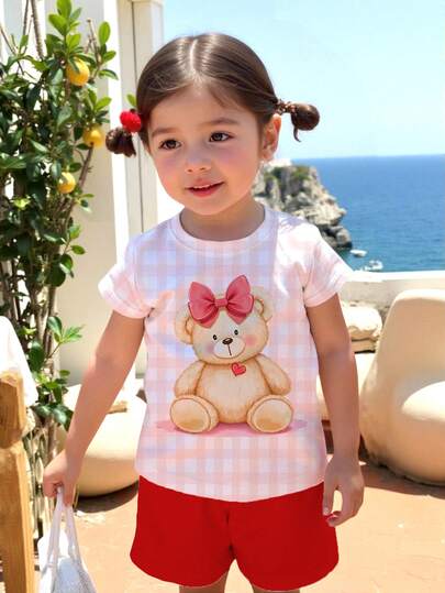 Baby Girls Cute Plaid Bear & Bow Print Design Fashion Casual Comfortable Round Neck Short Sleeve T-Shirt And Shorts Set, Suitable For Parties, Gatherings, Spring/Summer
