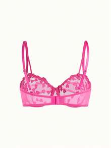 Bonmuse Heart Embroidery Sheer 2pcs Set, Bra & Panties, Women Sexy Lingerie Set For Rave - Hot Pink - View 5