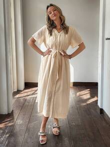 DAZY Women's Textured Fabric Waist Cinched Long Shirt Dress - Beige - View 2