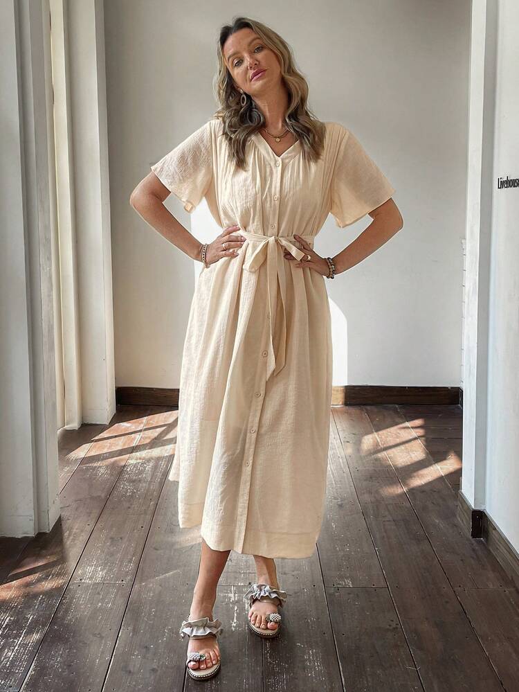 Women's Textured Fabric Waist Cinched Long Shirt Dress Sundress