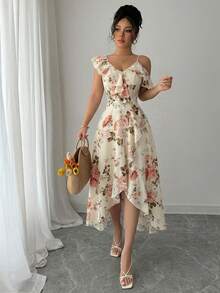 SHEIN PETITE 女士优雅印花荷叶边连衣裙 - 鵝黃色 - 查看 4