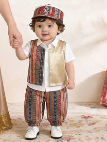 SHEIN Baby Boy Colorful Geometric Retro Pattern Vest Jacket With Elastic Waist Lantern Pants Set, Suitable For Formal Occasions, Birthday Parties, Raves, Galas, Performances, Weddings, Baby Showers, And 1st Birthday Celebrations