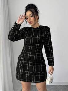 SHEIN Elenzya 1 قطعة/مجموعة مقاس كبير ياقة طاقم أكمام طويلة بنمط مربعات - الأسود - مشاهدة 4