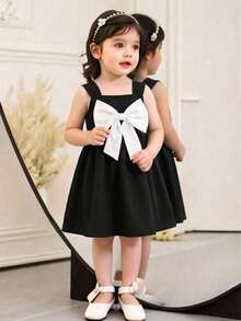 SHEIN Playful Pals 1pc Baby Girls Sweet Princess Elegant Black And White Dress,Large 3D Bowknot Decor Sleeveless Square Neck A-Line Party Sundress For Birthday Summer - Black and White - View 8