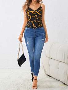 SHEIN Clasi 女士休闲百搭印花吊带背心，适合约会和派对穿着 - 橘色 - 查看 6