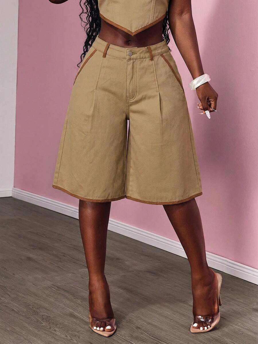 Slaydiva Quần short denim ống rộng phối màu tương phản, thích hợp mặc hàng ngày đi làm. - Màu Khaki - Xem 1