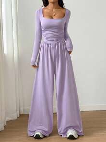 SHEIN Unity 女士方领长袖休闲简约褶皱连体裤 - 淡紫色 - 查看 4