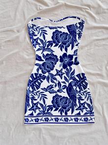 Soleia Women's Chinoiserie Floral & Tropical Parrot Colorblock Bohemian Print Mini Dress, Suitable For Outings, Beach, Travel, Matching Sets, Chic Spring - Multicolor - View 2