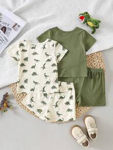 SHEIN Playful Pals 2件套婴儿幼儿男女通用0-3岁休闲可爱恐龙印花圆领T恤4件套，舒适易穿短袖夏季套装，适合6个月至3岁男婴，春夏服装，日常穿着，外出和居家皆宜。 - 彩色 - 查看 2