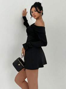 Aloruh Office Lady Off Shoulder Ruched Button Decor Bell Sleeve Mini A-Line Dress - Black - View 2