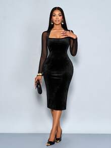 SOLERSUN Autumn And Winter Women's Wear Daily Commuter Elegant Velvet Mesh Splicing Black Velvet Knit Fabric Square Neck Long Sleeves Sexy Fit Bodycon Back Slit Midi Dress - Black - View 4