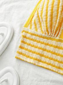 Roelina Áo croptop nữ gợi cảm hở lưng kẻ sọc, buộc dây phía trước, thích hợp cho kỳ nghỉ biển. - Màu vàng - Xem 6