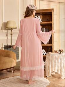 PalaceNights 大码女式休闲圆领蕾丝拼接蝴蝶结装饰喇叭袖家居服连衣裙 - 粉色 - 查看 2