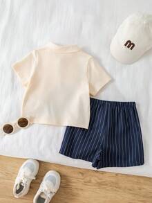 SHEIN 2pcs/Set Toddler Boys' Casual Cute Bear Embroidered Polo Shirt And Navy Shorts Set, Spring/Summer Baby Boy Clothes, Outfits - Navy - View 2