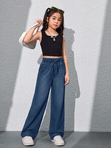 SHEIN Explorewe 青少年女孩时尚简约阔腿牛仔裤 - 深色水洗藍 - 查看 5