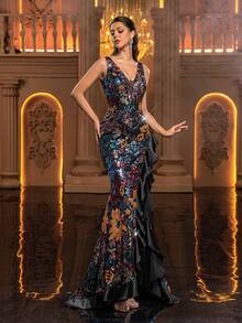 Glamrae Women's Elegant Sequined Embroidery Mermaid Evening Gown,Luxurious Satin Multi-Colored Wide Strap Dress With Open Back,Ruffle Slit And Train - Multicolor - View 7